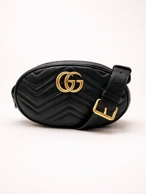 Authentic Gucci GG Marmont Belt Bag Black Leather Gold Logo